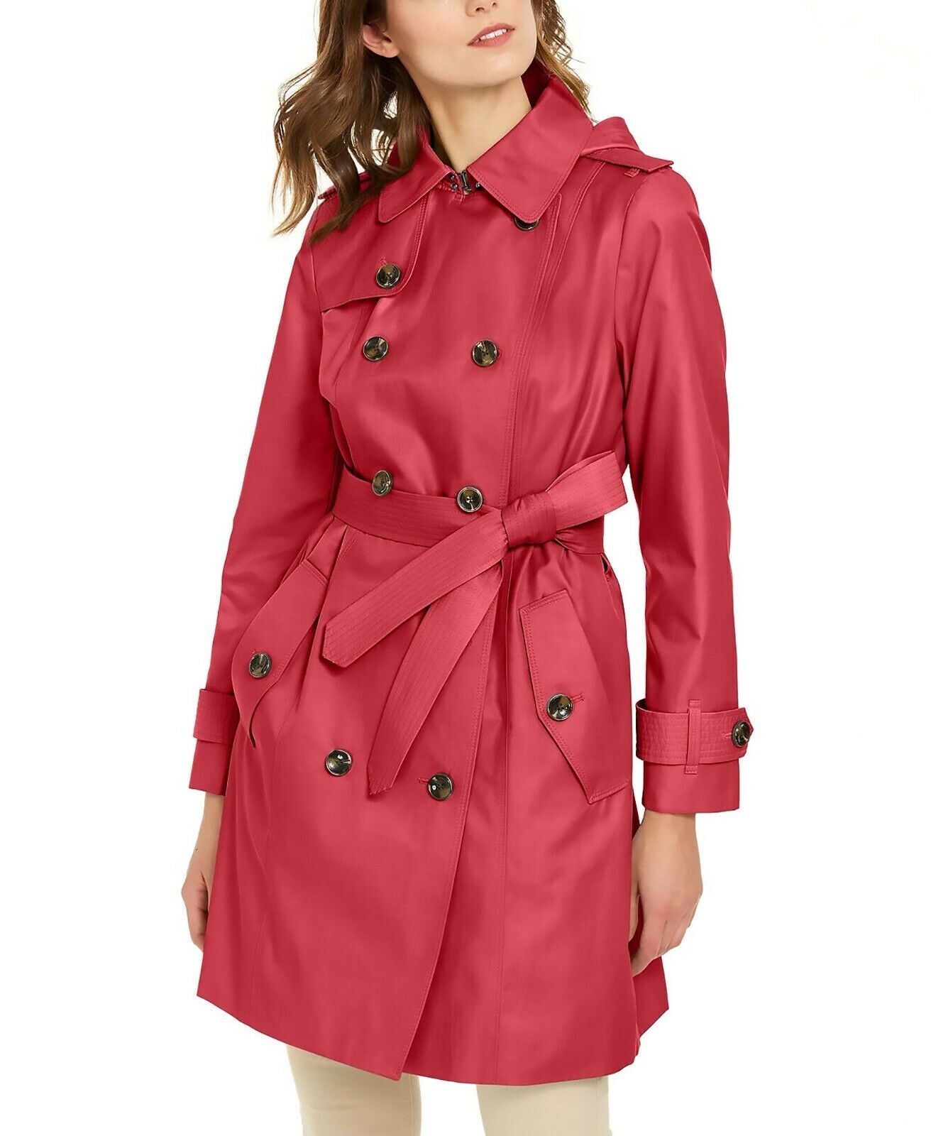 London Fog Women's Double-Breasted Hooded Trench Coat HIBISCUS RED XS MSRP $180